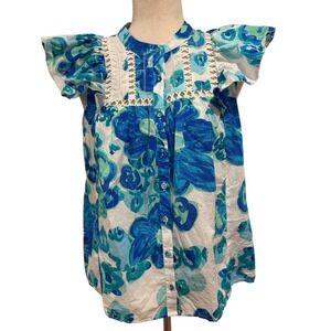 ALIVIA JOMARIE TOP Ruffle‎ Sleeves White Blue Floral Size L 100% Cotton Whimsy